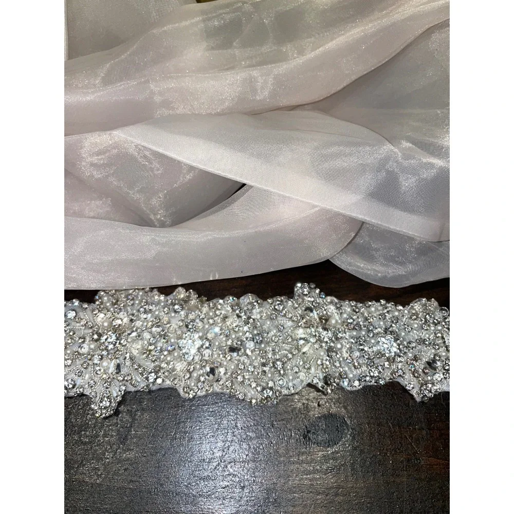 Allure Bridals Rhinestone Pearls Embellished Wedding Dress Sash Belt Champagne L